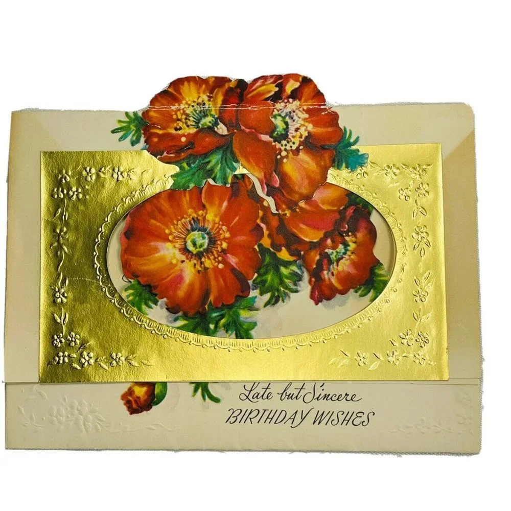 Vintage UNUSED Belated Birthday Poppy Die-Cut Embossed Artistic Greeting Card